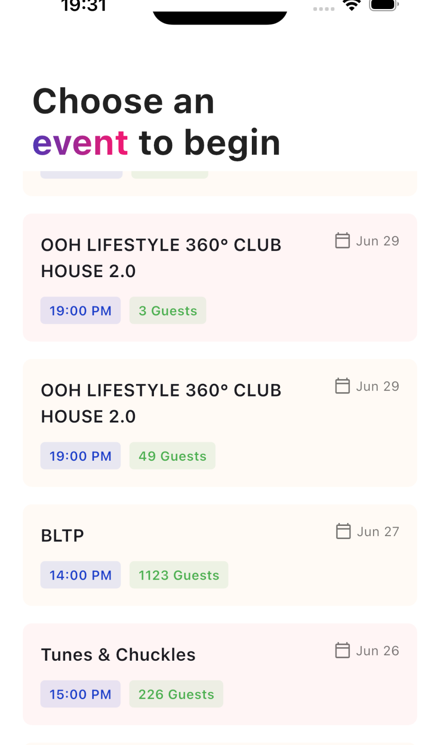OohTickets Scanner app showing the event picker
